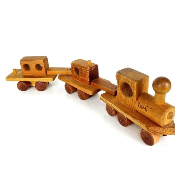 Vintage Primitive Hand Crafted Wooden Three-Car Organic Pull Train Toy "…